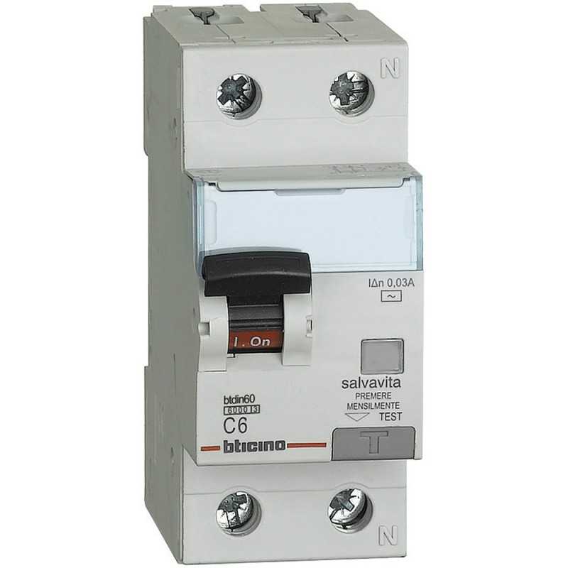 Interruttore Magnetotermico Differenziale 0,03A 6KA 1P+N 6A Bticino GN8813AC6