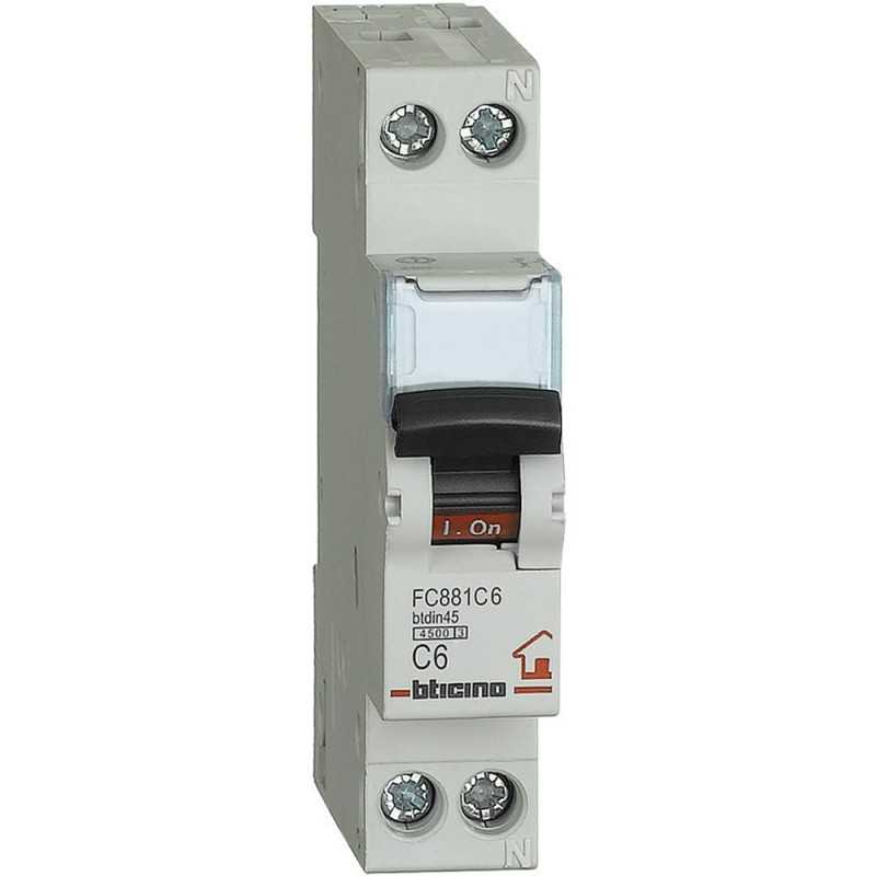 Interruttore automatico magnetotermico  1P+N 6A 4,5KA BTicino FC881C6