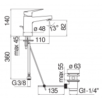 Riferimento dimensioni Miscelatore lavabo con scarico Linea Blues Nobili Carlo BSE101118/1CR