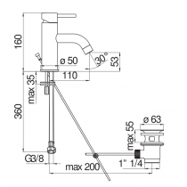 Riferimento dimensioni Miscelatore lavabo con scarico con attacco 1 1/4" Nobili Carlo LV00118/1CR