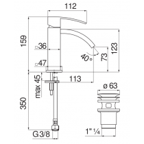 Riferimento dimensioni Miscelatore lavabo con scarico con attacco 1 1/4" Nobili Carlo RY00118/2CR