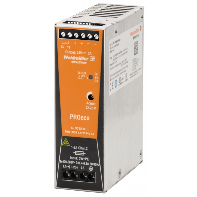 Alimentatore switching trifase PROeco3 24V DC 120W 5A per guida DIN WEIDMULLER 1469530000