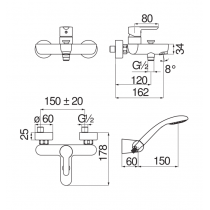 Miscelatore per vasca cromato monocomando con set doccia serie ABC NOBILI CARLO AB87110CR Dimensioni